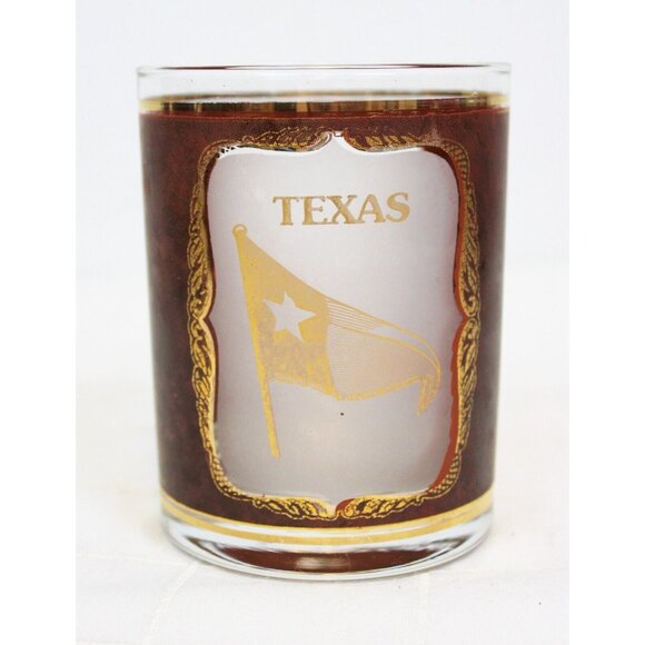 Culver Texas Lone Star Glass Low ball Gold Leather Texture Old Fashioned Cocktai - Picture 1 of 6